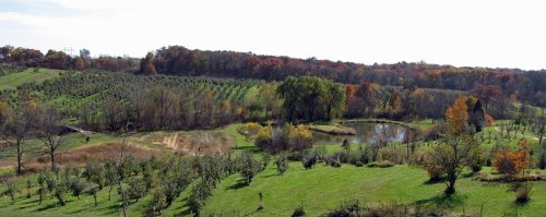 A scenic landscape featuring rolling hills, a pond, and trees with autumn foliage in a rural setting.