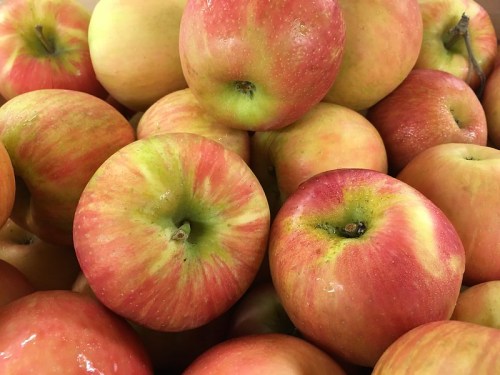 A close-up of a pile of fresh, red and green apples with a shiny surface.