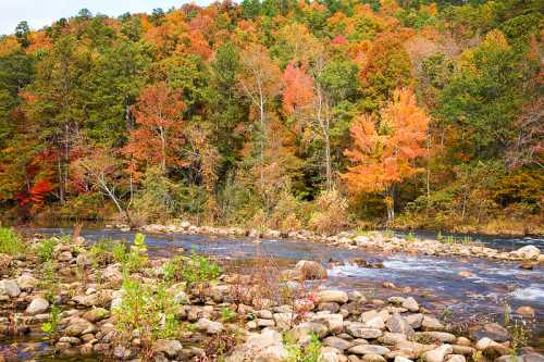 A serene river flows through a rocky landscape, surrounded by vibrant autumn foliage in shades of orange and red.