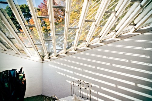 Bright room with a glass ceiling, casting shadows on the white walls, and colorful autumn leaves visible outside.