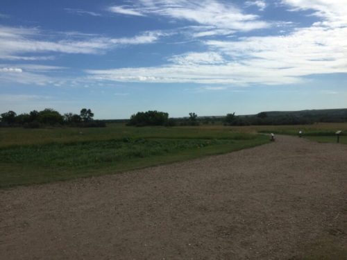 A wide open landscape with grassy fields under a blue sky, featuring a gravel path leading into the distance.