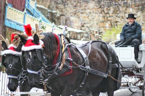 A man in a black hat drives a horse-drawn carriage with two horses wearing Santa hats in a snowy setting.