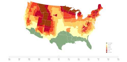 Map of the U.S. showing temperature zones, with color gradients indicating varying temperature ranges throughout the year.