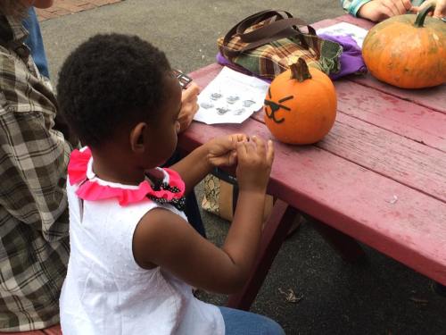 A young girl in a white dress with a pink collar sits at a table, focused on a painted pumpkin.