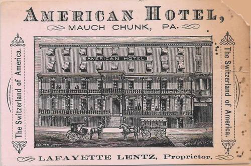 Illustration of the American Hotel in Mauch Chunk, PA, featuring a horse-drawn carriage and detailed architectural design.