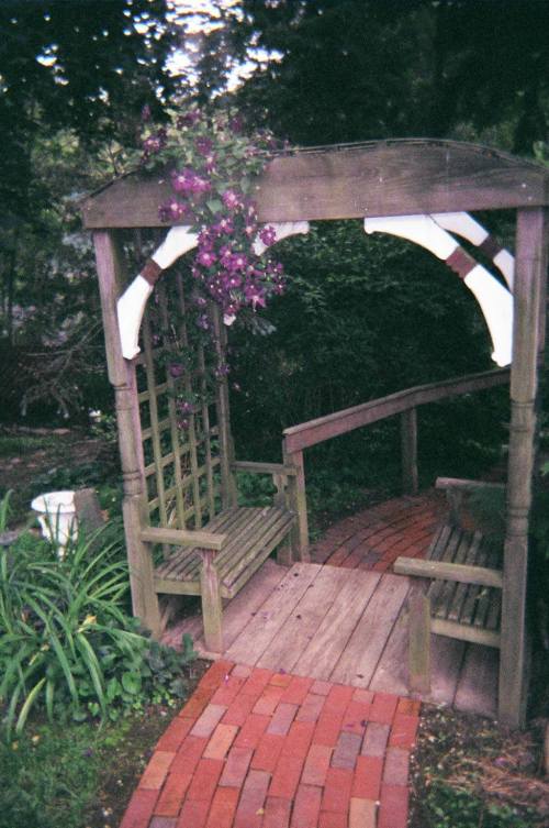 A wooden arbor with purple flowers, leading to a path of red bricks and two benches in a lush garden setting.