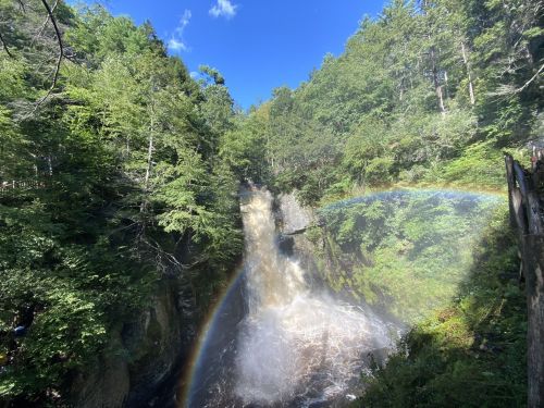 A waterfall cascades down rocky cliffs, surrounded by lush green trees and a vibrant rainbow in the mist.