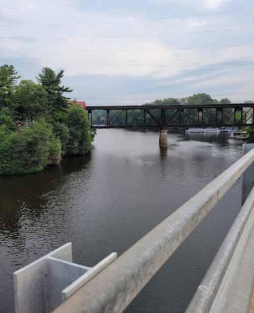A metal bridge spans a calm river, surrounded by trees under a cloudy sky.