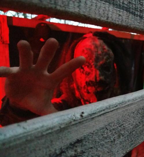 A hand reaches through a wooden fence, with a shadowy figure and red lighting in the background, creating a spooky atmosphere.