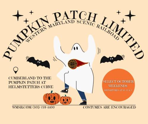 A playful ghost with pumpkins and bats promotes the Pumpkin Patch Limited train ride in October. Costumes encouraged!