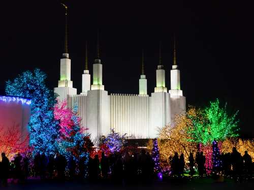 A brightly lit temple at night, surrounded by colorful holiday lights and silhouettes of people enjoying the display.