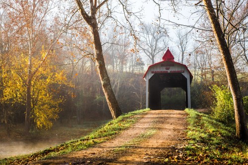 A serene scene of a covered bridge at the end of a dirt path, surrounded by trees and morning mist.