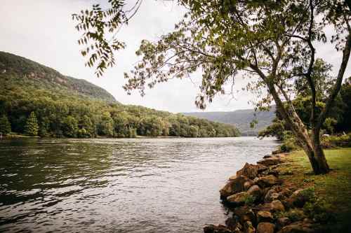 A serene river scene with lush green hills and a tree along the water's edge, surrounded by rocky shoreline.