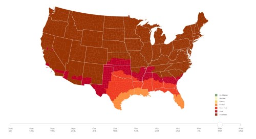 Map of the U.S. showing regions with varying levels of frost dates, from early to late, in shades of brown and red.