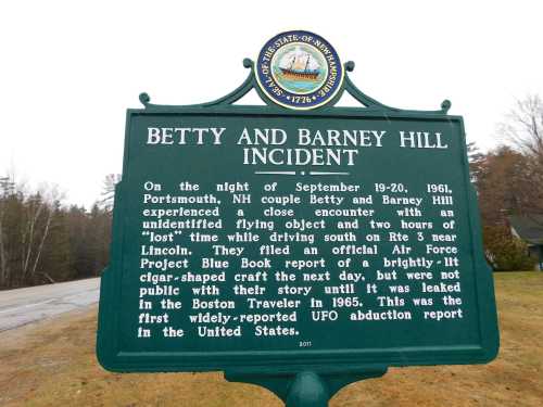 Historical marker detailing the 1961 Betty and Barney Hill UFO incident in Portsmouth, NH.