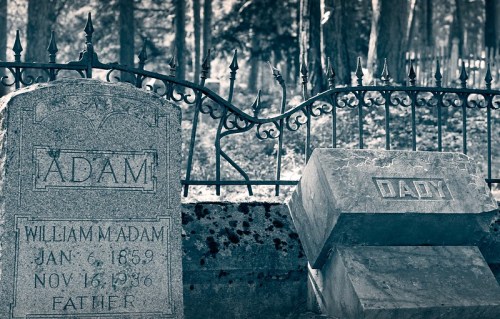 Two weathered gravestones in a cemetery, one marked "ADAM" and the other partially visible with "DAD" inscribed.