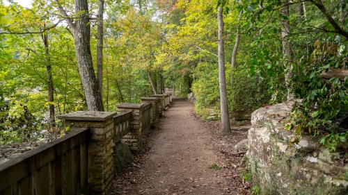 A serene forest path lined with stone walls and surrounded by lush greenery and trees in autumn colors.