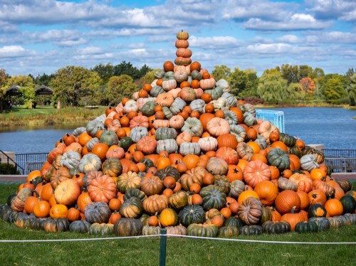 A large pyramid of various pumpkins in different colors and sizes, set against a scenic lake and blue sky.