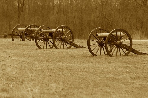 Four vintage cannons on wheels lined up on grassy terrain, set against a blurred background of trees.
