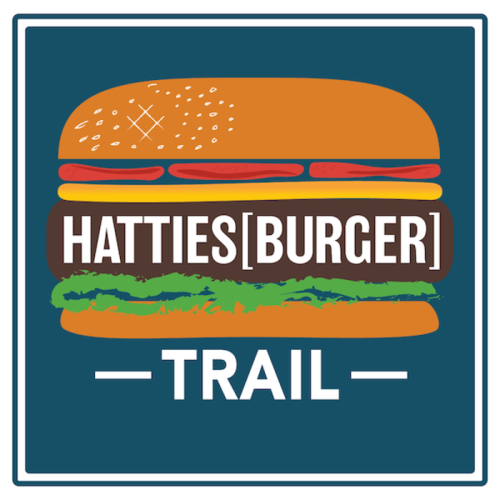 Logo featuring a stylized burger with the text "HATTIES[BURGER] TRAIL" on a blue background.