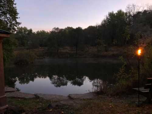 A serene pond at dusk, surrounded by trees, with a torch illuminating the foreground.