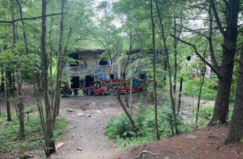 Abandoned building covered in graffiti, surrounded by dense greenery and trees. Pathway leads towards the structure.