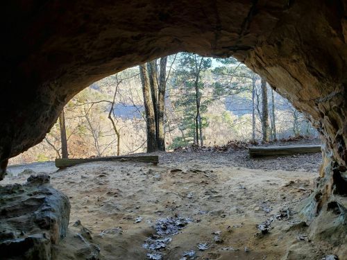 View from inside a cave, looking out at trees and a landscape beyond, with sandy ground and rocky walls.