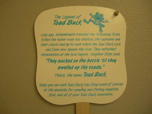 Sign titled "The Legend of Toad Suck," explaining the origin of the name and local history related to the Arkansas River.