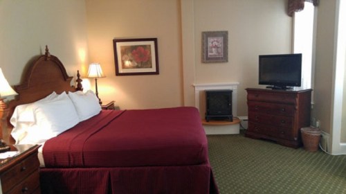 Cozy bedroom with a queen bed, lamp, dresser, and TV, featuring warm colors and a floral wall art.