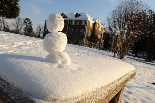 A small snowman made of three snowballs sits on a snowy surface, with buildings in the background under a clear sky.