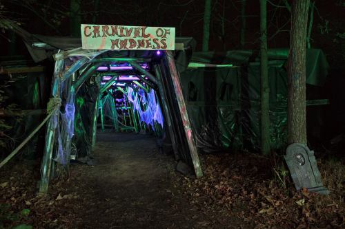 A spooky entrance to the "Carnival of Madness," featuring eerie decorations and dim lighting in a forest setting.