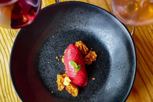 A dark bowl holds a vibrant red sorbet topped with honeycomb and a mint leaf, with glasses of red wine in the background.