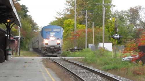 A train approaches a station surrounded by trees and power lines, with a few cars parked nearby.