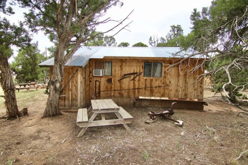 A rustic wooden cabin surrounded by trees, featuring a picnic table and an old plow in the foreground.
