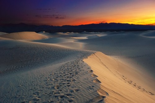 A serene desert landscape at sunset, featuring rolling sand dunes and footprints leading into the horizon.