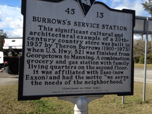 Historical marker for Burrows's Service Station, detailing its 1937 construction and significance to the community.