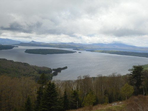 A serene lake surrounded by lush greenery and distant mountains under a cloudy sky.