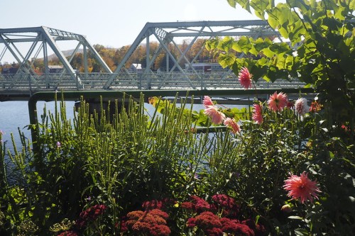 A scenic view of a bridge over water, surrounded by vibrant flowers and greenery under a clear blue sky.