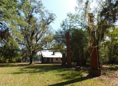 A rustic scene featuring a small house surrounded by trees, with two brick chimneys and moss hanging from branches.