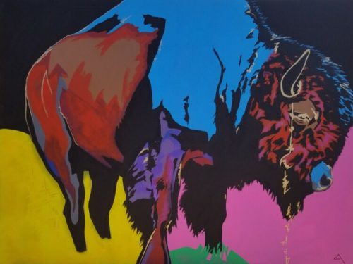 A vibrant, abstract painting of a bison with bold colors and geometric shapes against a black background.