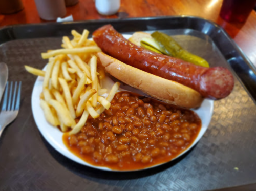 A plate with a sausage in a bun, pickles, fries, and baked beans on a tray.