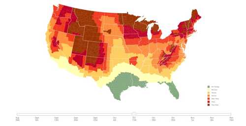 Map of the U.S. showing fall foliage color changes across regions from August to November.