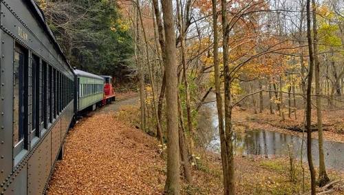 A vintage train travels along a winding track beside a river, surrounded by autumn foliage and fallen leaves.