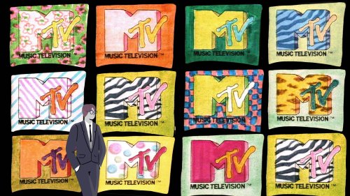 A collage of colorful MTV logos with a man in a suit standing beside them, showcasing various designs and patterns.