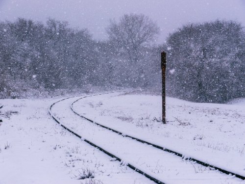 Snow-covered train tracks curve through a winter landscape, surrounded by trees and falling snowflakes.