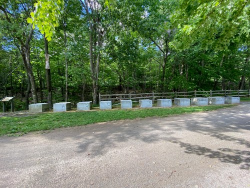 A row of stone markers in a wooded area, with trees and a path visible in the background.