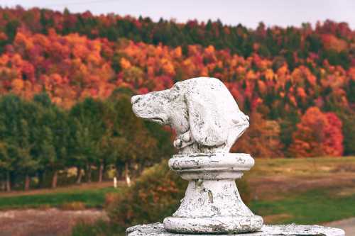 A weathered white dog statue atop a pedestal, with a vibrant autumn forest in the background.