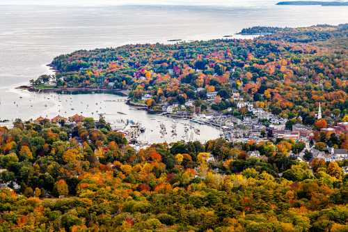 Aerial view of a colorful autumn landscape with a harbor, boats, and vibrant foliage along the coastline.