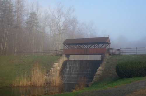 A wooden bridge over a small waterfall, surrounded by fog and trees, with a pond in the foreground.