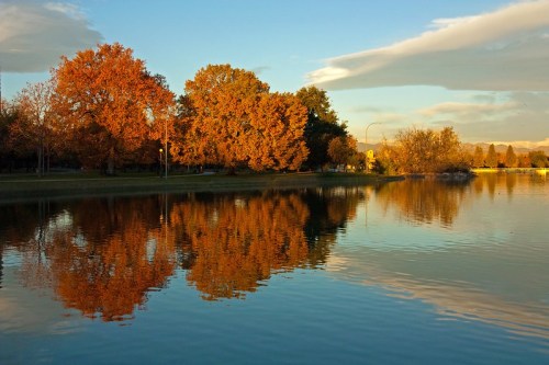 A serene lake reflecting vibrant autumn trees under a clear blue sky.
